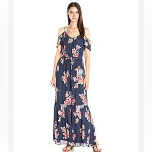 Joie 100% Silk Annada Navy Blue Floral Maxi Cold Shoulder Dress Size Medium